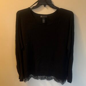Lush Black Crewneck Sweater with Lace Hem